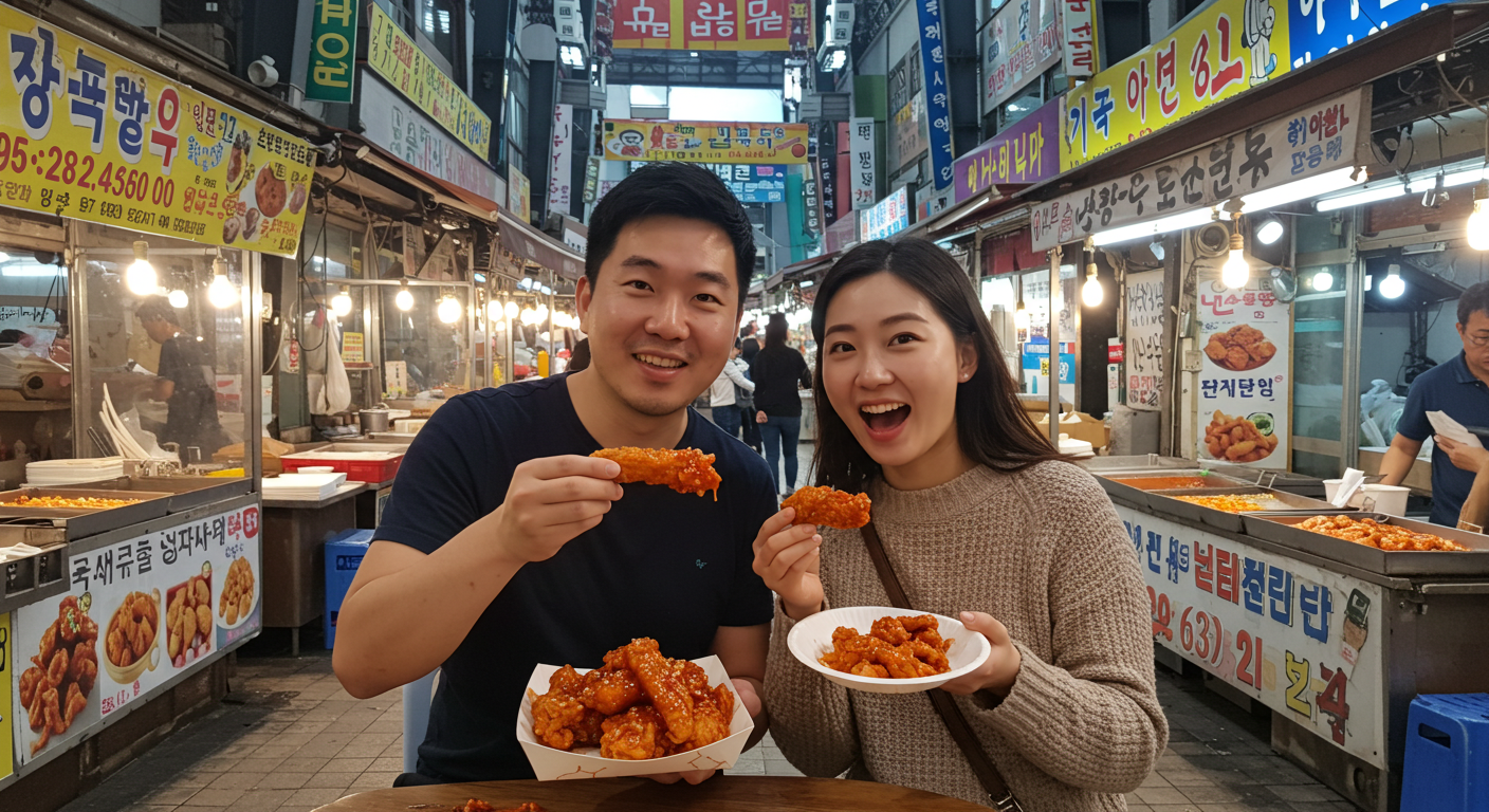 속초 중앙시장에서 닭강정을 즐기는 한국인 커플