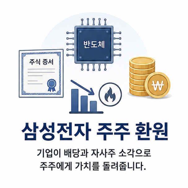 반도체와 주식, 배당금과 자사주 소각 아이콘을 이용해 삼성전자의 주주환원 정책을 표현한 이미지