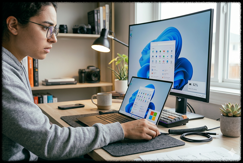 노트북 충전 케이블을 확인하며 배터리 상태를 점검하는 모습