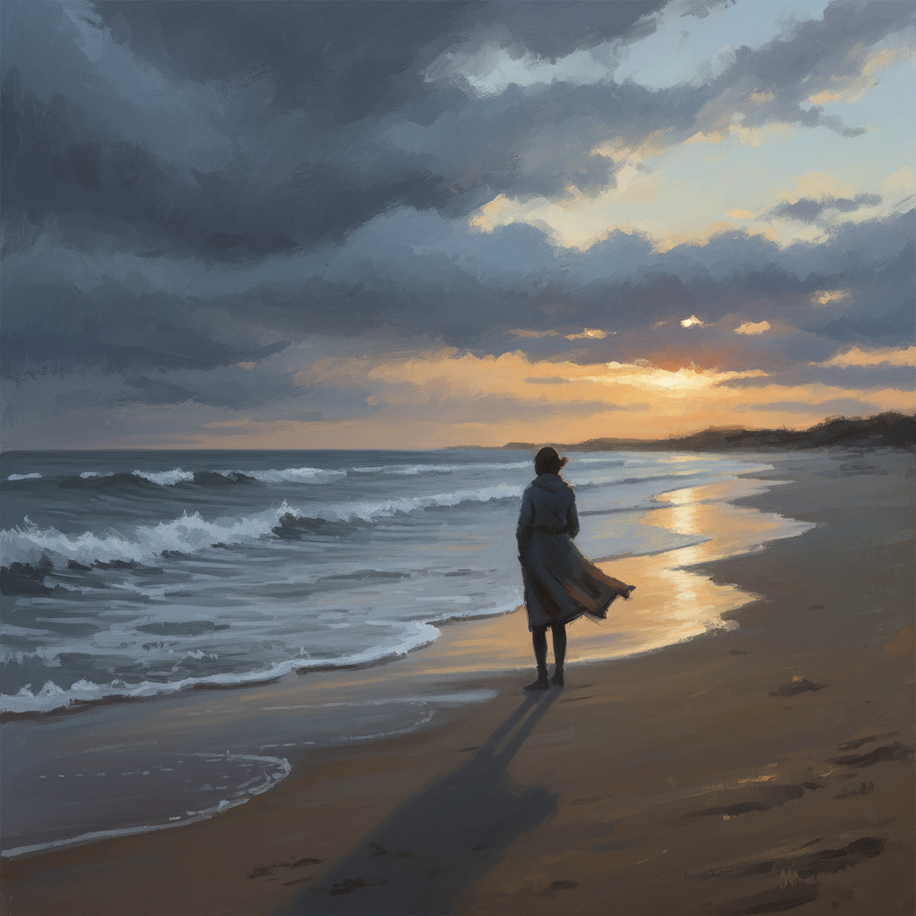 쓸쓸한 해변에서 홀로 바다를 응시하는 한 사람의 뒷모습. 석양과 구름 낀 하늘이 어우러져 희망과 슬픔이 공존하는 분위기.