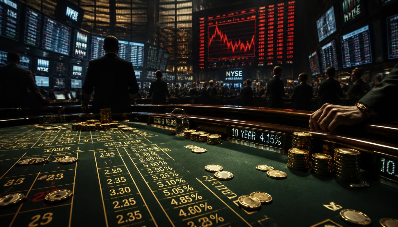 A high-stakes casino table merging into a Wall Street trading room with glowing bond yield tickers and red downward stock charts.