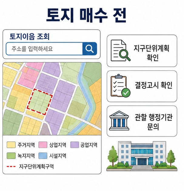 토지를 매수하기 전에 토지이음에서 지구단위계획구역 여부와 결정고시를 조회하고 관할 행정기관에 세부 기준을 확인하는 모습을 표현한 이미지