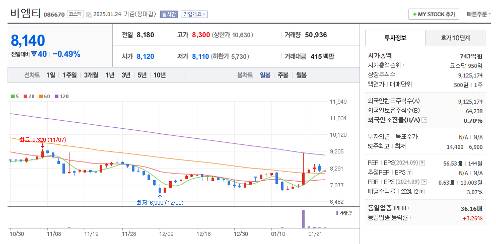 비엠티 일봉차트