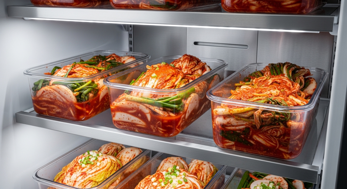 김치냉장고 안에 각각의 김치들의 종류별로 나뉘어져 보과되고 있는 모습