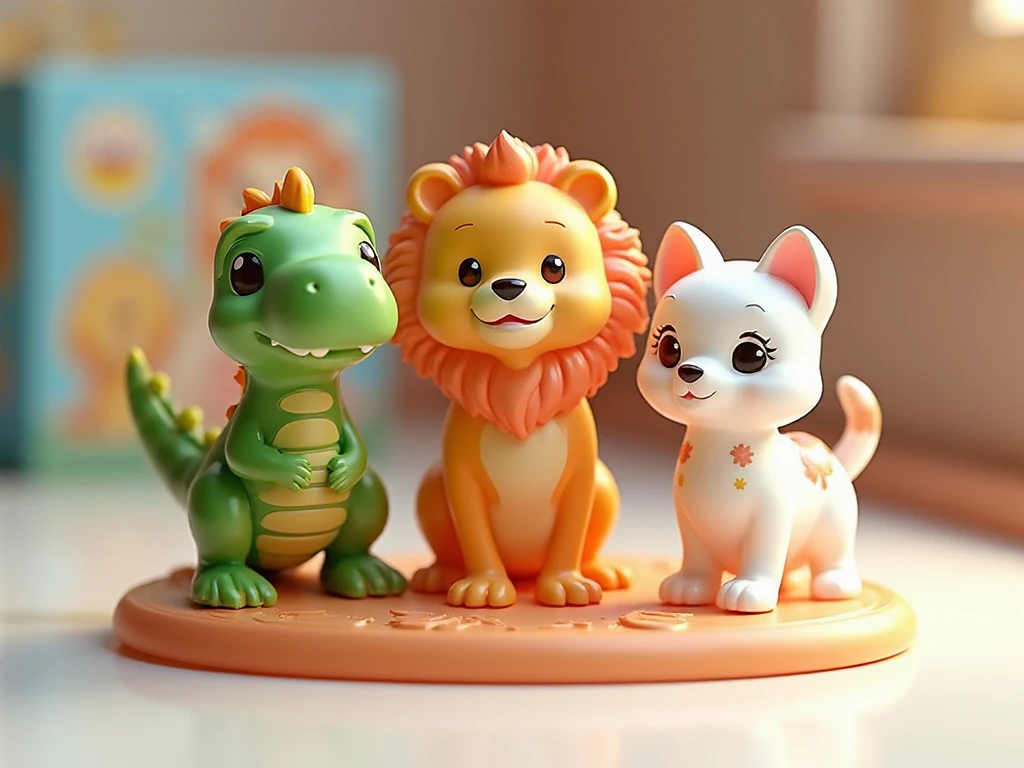 "아기 공룡, 사자, 고양이 캐릭터로 구성된 반짝이는 피규어 장난감 세트, 단체 받침대 위에 나란히 놓여 있음"