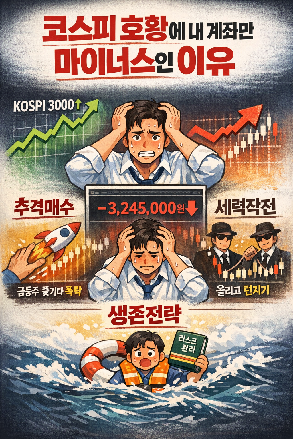 코스피 호황에 내 계좌만 마이너스인 이유 (추격매수, 세력작전, 생존전략)이미지로 만들어줘