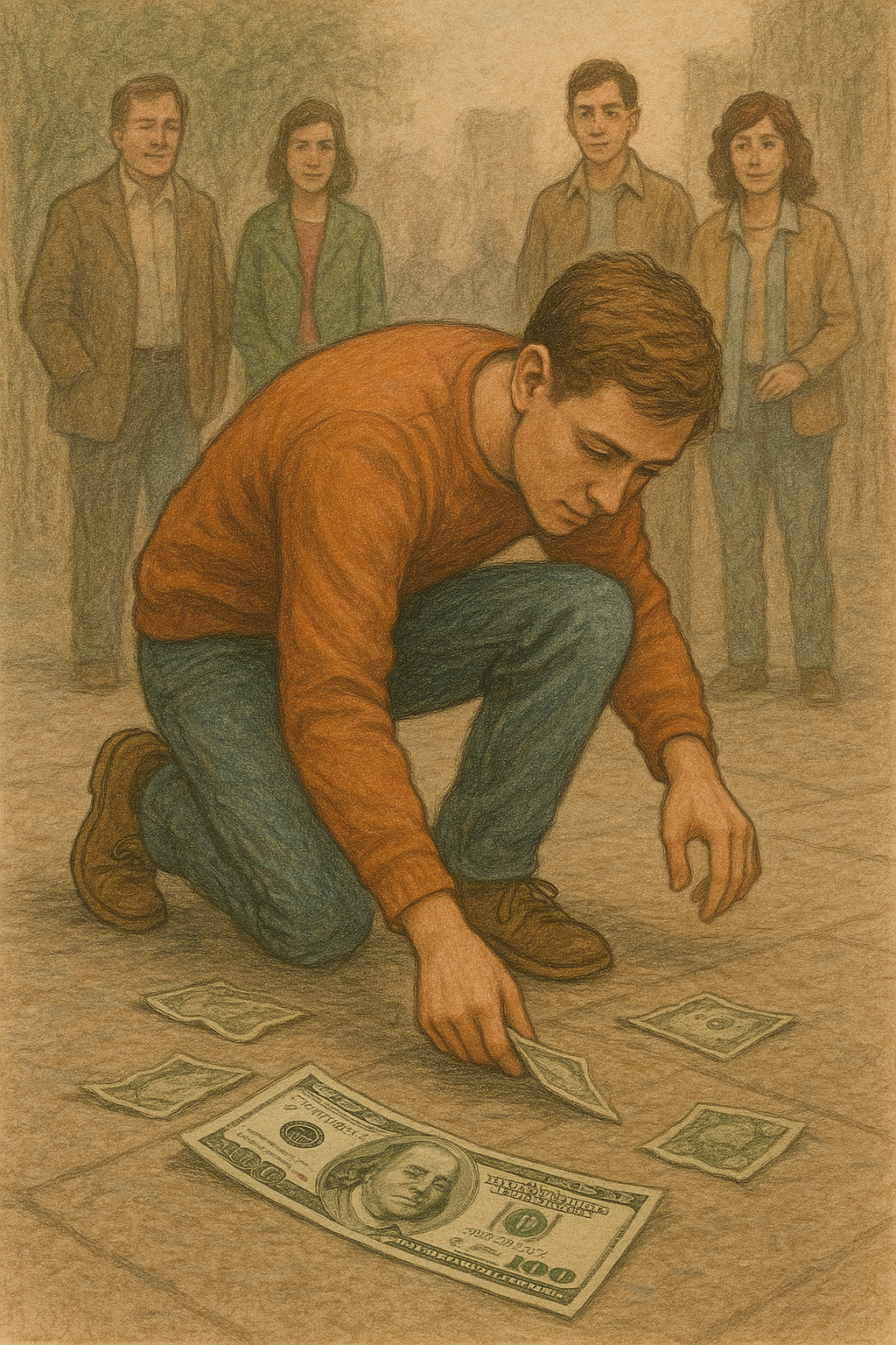 사람들 앞에서 돈줍는 사람