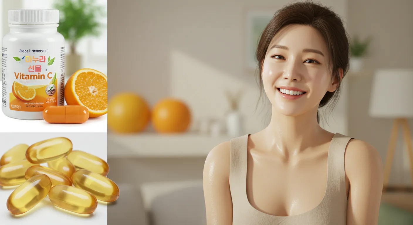 오렌지,영양제와 함께 맑고 건강한 피부를 가진 여성이 미소짓는 모습.