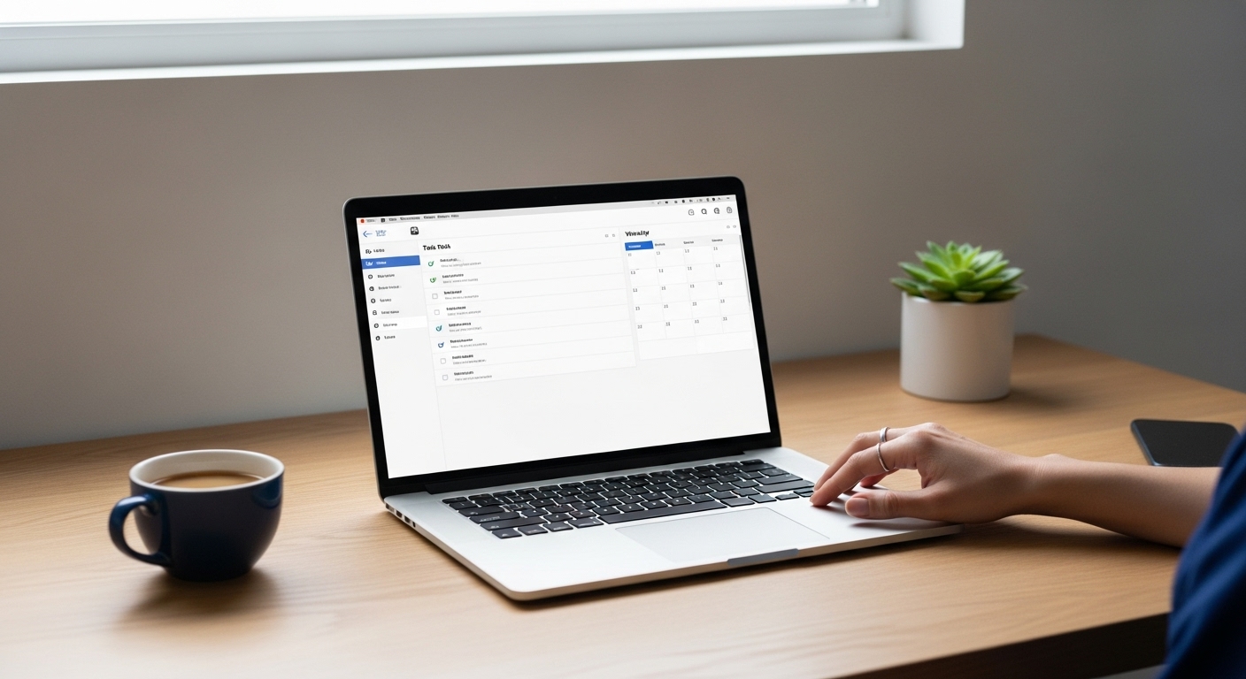 노트북 화면이 흑백 모드로 설정된 미니멀한 작업 공간. 사용자가 차분하게 작업을 하는 모습으로, 디지털 자극을 최소화하는 환경을 보여줍니다.