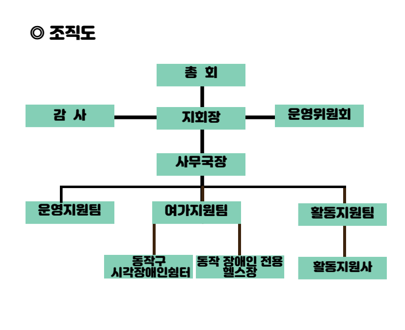 동작지회 조직도 이미지. 위부터 총회, 감사, 지회장, 운영위원회, 사무국장, 운영지원팀, 여가지원팀(동작구시각장애인쉼터, 동작 장애인 전용 헬스장), 활동지원팀(활동지원사)