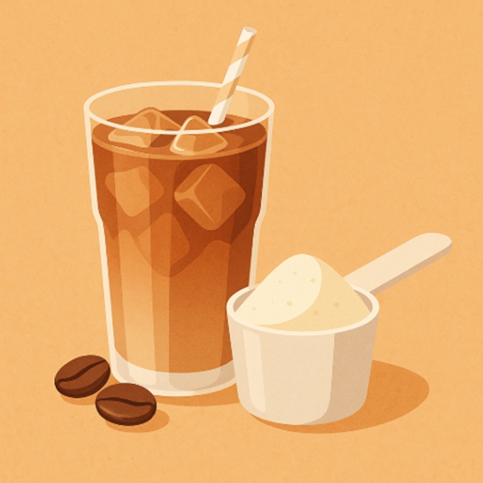 투명 컵에 담긴 아이스 단백질 커피와 옆에 놓인 WPI 단백질 스푼 &ndash; 상큼하고 건강한 아침 루틴의 느낌