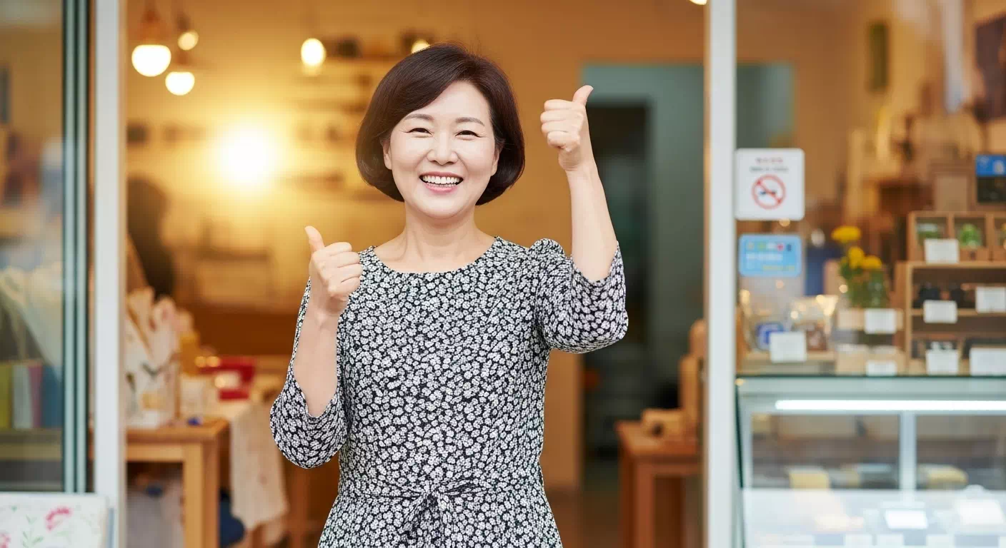 소비쿠폰을 수령하고 가게 앞에서 환하게 웃고 있는 한국 여성 자영업자. 환영 배경