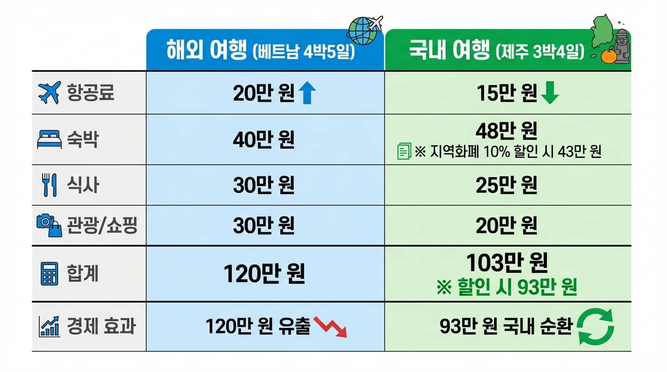 국내 여행(제주) vs 해외 여행(베트남) 비용 비교표 - 지역화폐 할인 효과 포함