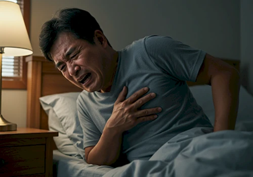 대상포진으로 인한 극심한 통증으로 침대에서 괴로워하는 중년 남성의 매우 사실적인 모습 고통의 심각성을 보여줌