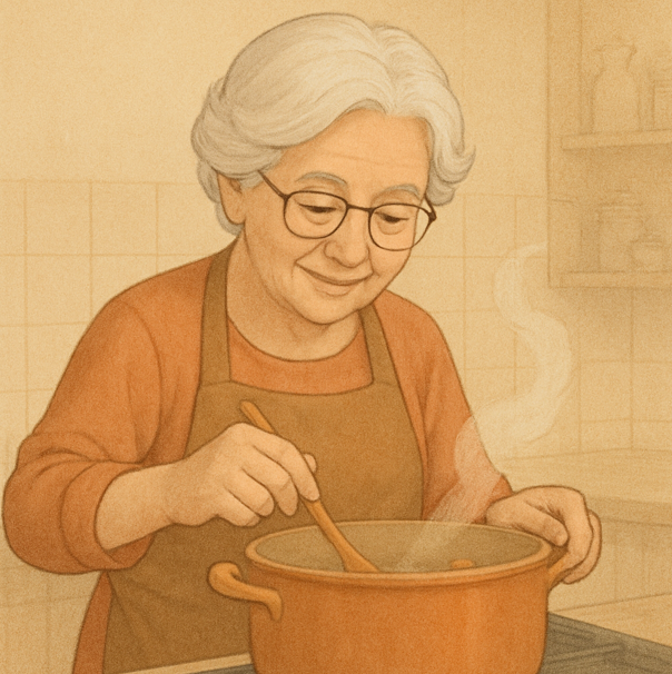 즐거운 표정으로 요리를 하고 있는 할머니의 모습