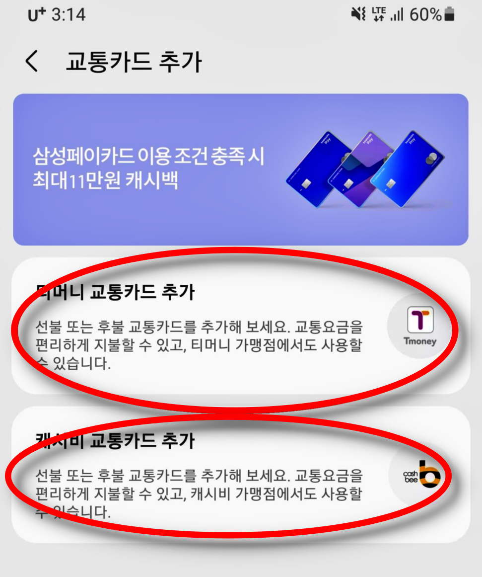 삼성페이 교통카드 티머니 카드 추가화면