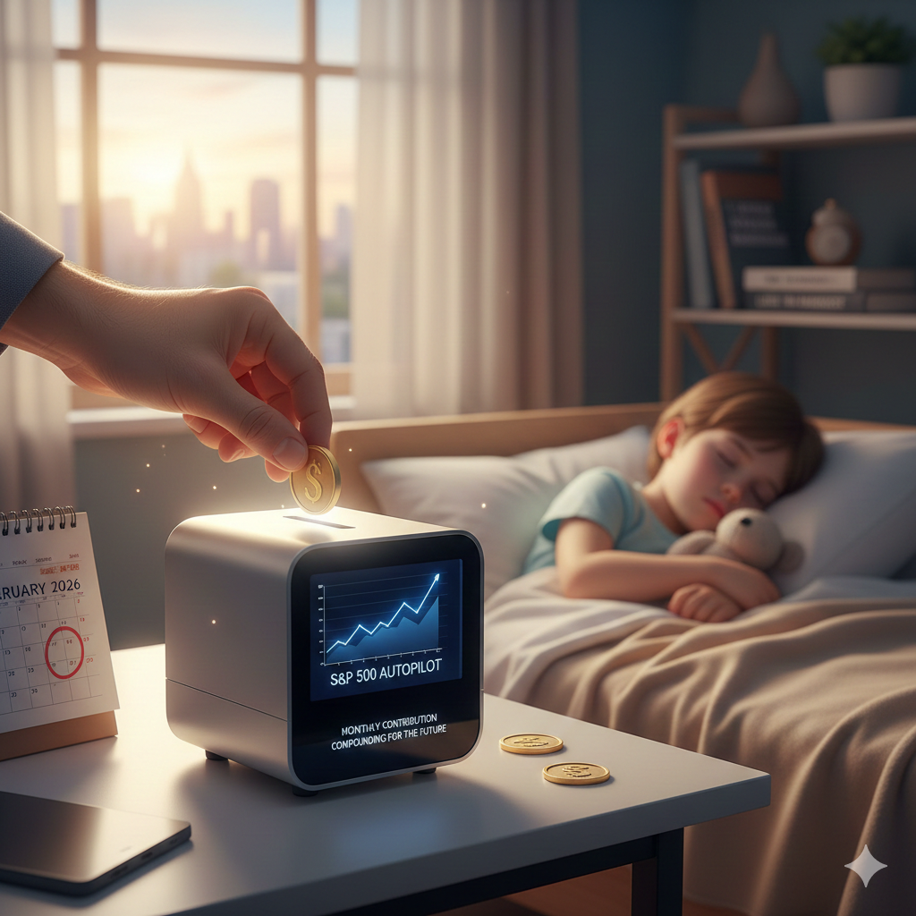 아이의 미래를 위해 기계적으로 투자하는 자동화 시스템의 중요성을 표현한 이미지