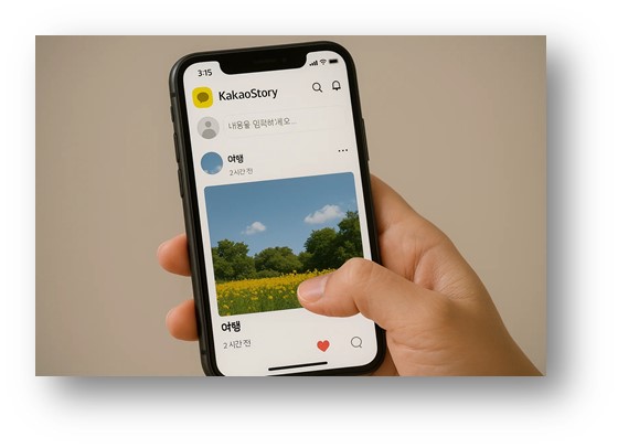 스마트폰에서 카카오스토리 앱을 열어서 여행 사진을 올리고 있는 모습