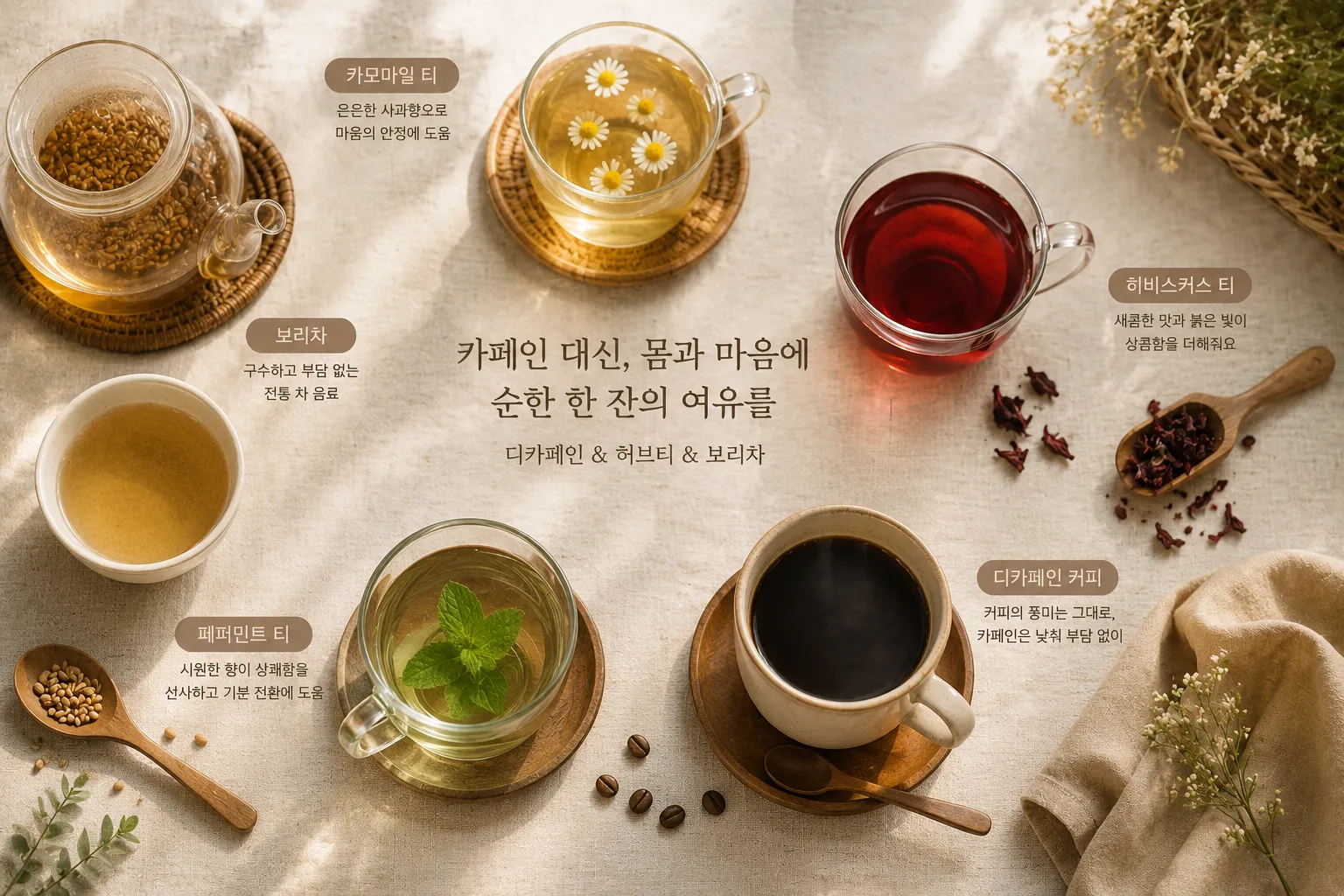 카페인 대안으로 마실 수 있는 디카페인과 허브티