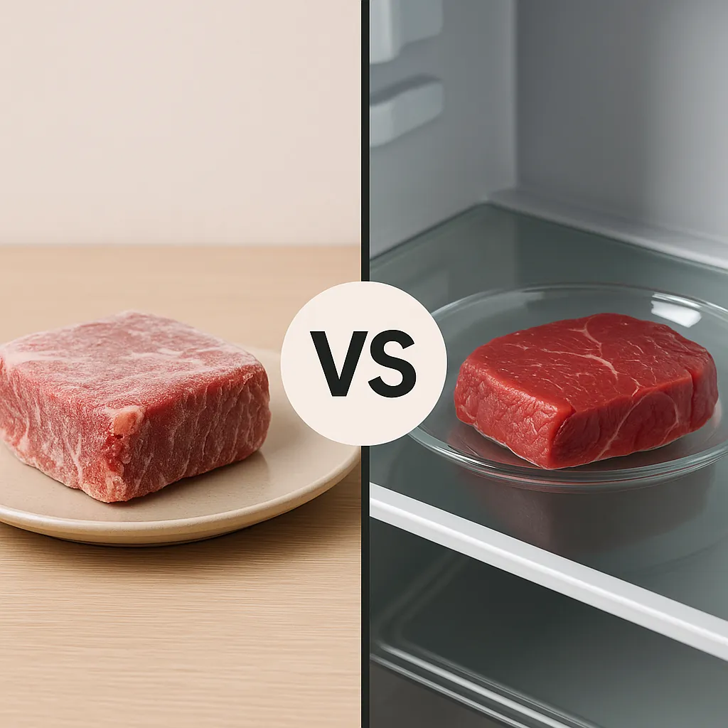 상온-해동과-냉장-해동을-비교한-사진-좌측은-상온에서-해동중인-고기-우측은-냉장고-안에서-해동중인-고기-각-방식이-식품-안전과-품질에-미치는-차이를-시각적으로-비교