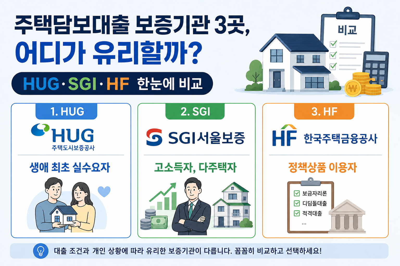 주택담보대출 보증기관 3곳, 어디가 유리할까? HUG.SGI.HF 한눈에 비교