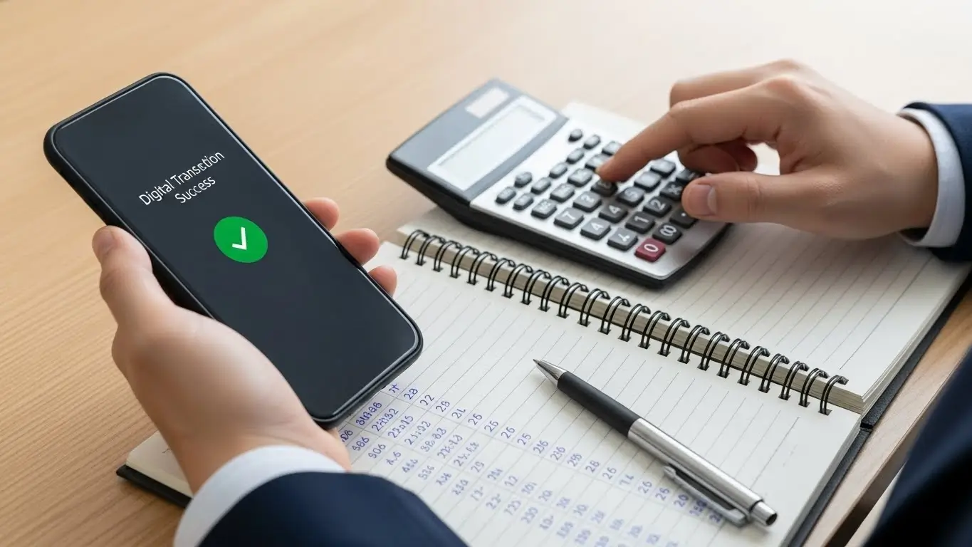 계산기로 수수료와 입금액을 꼼꼼히 계산하며 계획적인 소비를 다짐하는 사용자의 모습