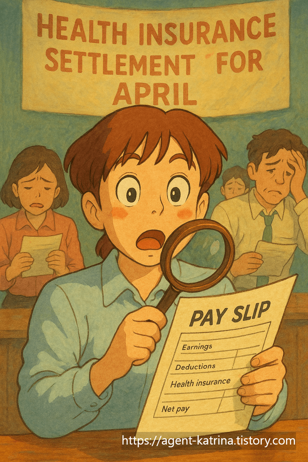 ChatGPT 이미지 한 손에는 두툼한 월급명세서를 들고, 다른 한 손에는 돋보기를 든 직장인. 월급명세서에서 건강보험료 항목을 발견하고 깜짝 놀라 눈이 휘둥그레진 모습.