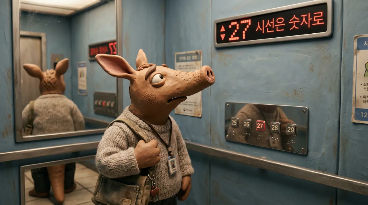 엘리베이터에서 시선을 피하는 행동을 보여주는 이미지