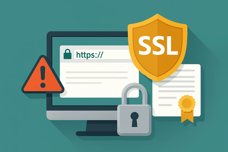 SSL 보안과 HTTPS 자물쇠 아이콘, 인증서와 방패 형태의 보안 요소를 보여주는 웹 보안 개념 일러스트