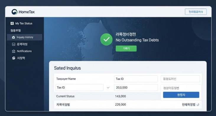 홈택스 웹사이트에서 본인의 세금 내역을 확인하고 안심하는 모습