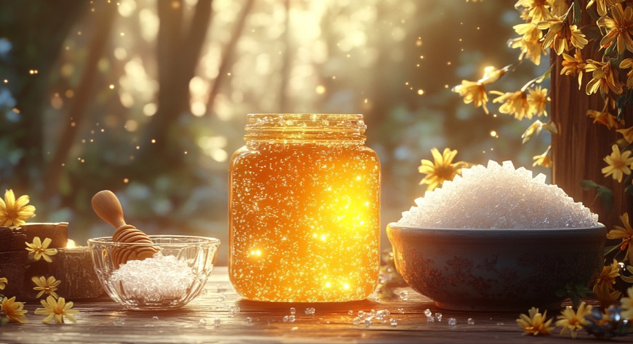 천연 꿀과 설탕의 이미지