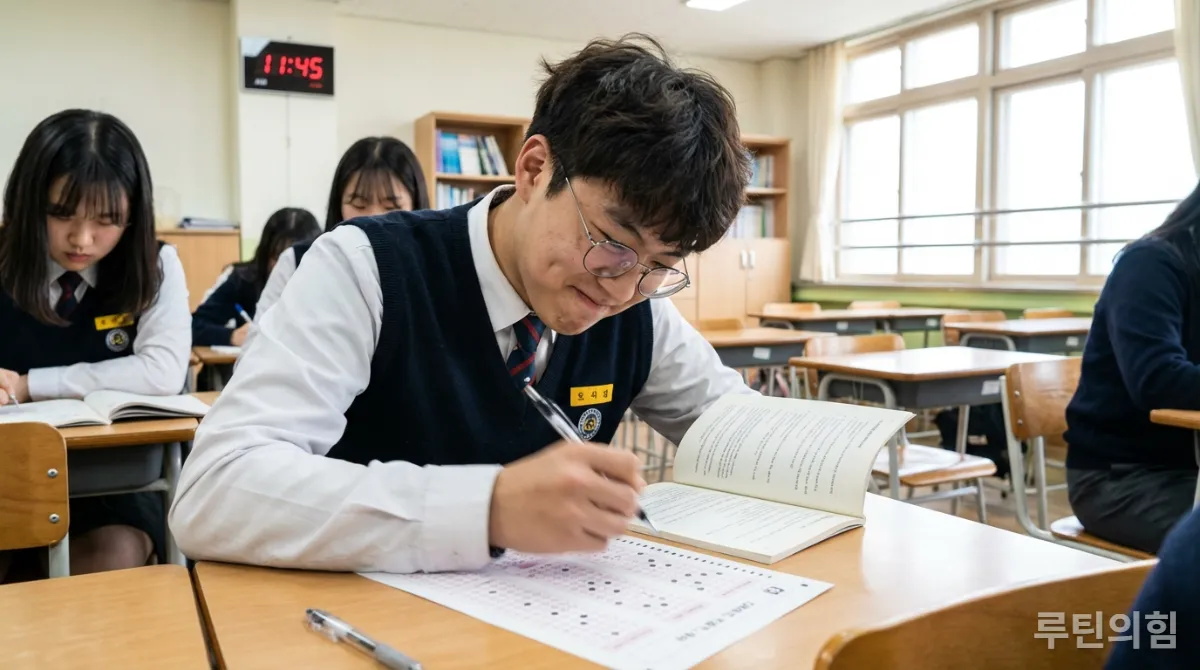 수능 영어 시험에서 시간 관리를 하며 문제를 푸는 한국 고등학생