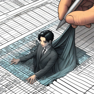 정장을 입은 인물이 스프레드시트 안에서 천을 걷듯 데이터를 펼치는 장면