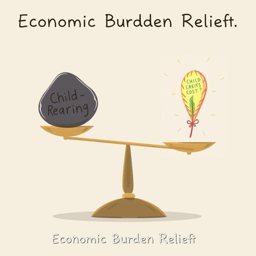 저울 한쪽에 '자녀 양육 비용'을 상징하는 무거운 추나 오브제가 있고, 다른 한쪽에 '자녀장려금'을 상징하는 가볍고 밝은 오브제(예: 깃털, 풍선)가 놓여 저울이 균형을 맞추거나 한쪽으로 기울어 부담이 경감됨을 보여줍니다. 경제적인 어려움이 해소되는 느낌을 시각화합니다. 비유적이고 상징적인 일러스트 스타일입니다.