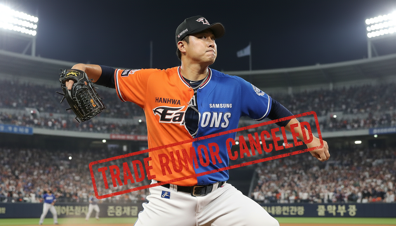 주황색 한화 유니폼과 푸른색 삼성 유니폼이 반반 나뉘어 있고, 트레이드 취소를 뜻하는 영문 텍스트가 강렬하게 찍힌 야구장 배경의 이미지