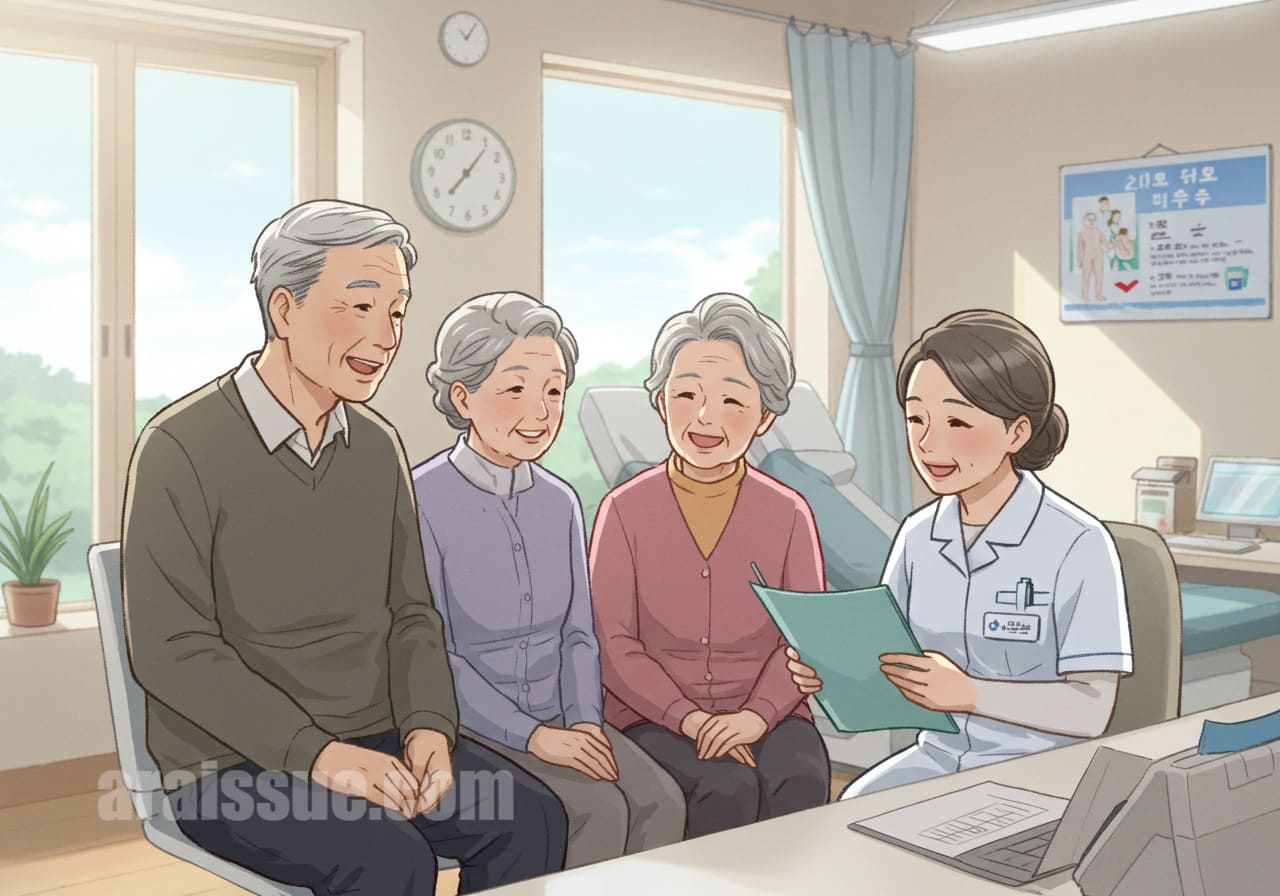 한국의 중년 남녀가 현대적인 건강센터에서 국민건강보험공단의 만성질환 지원에 대해 간호사와 상담하는 장면입니다. 밝고 깨끗한 환경에서 진지하게 대화하는 모습입니다.