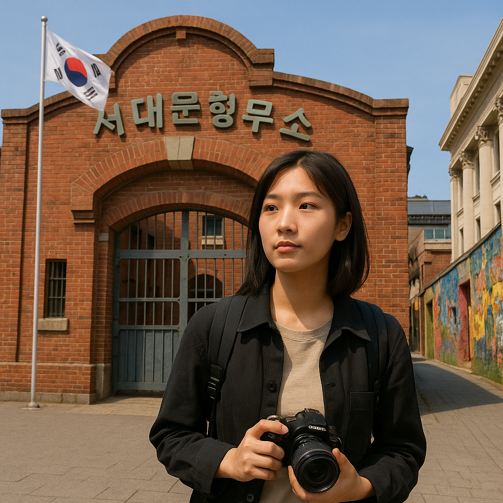 서대문형무소 역사관 앞 붉은 벽돌과 벽화 골목을 배경으로 검정 DSLR 카메라를 든 20대 여대생이 사색에 잠긴 모습