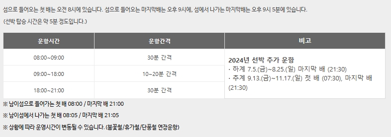 남이섬 배 운행 시간표와 성수기 연장 정보