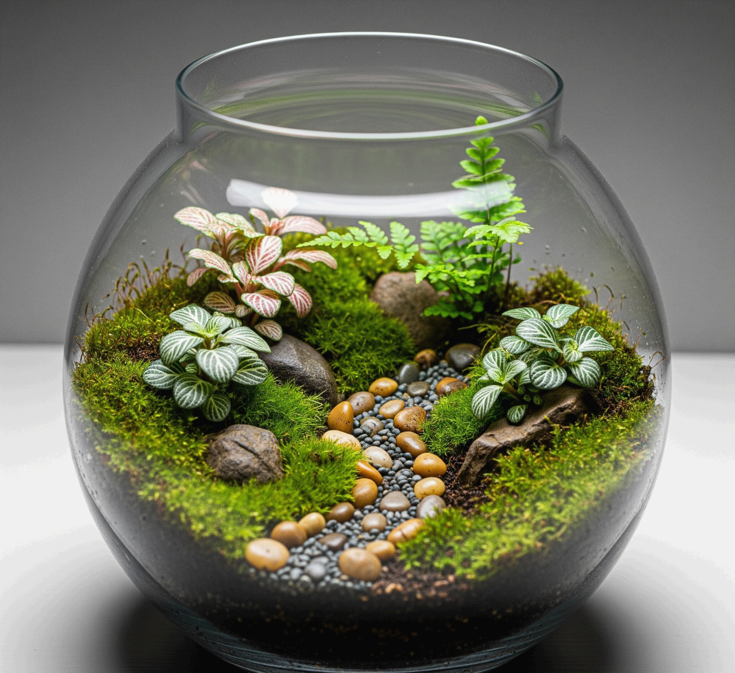이끼와 작은 돌로 장식된 테라리움의 완성된 모습