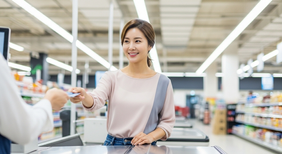 밝은 마트 계산대에서 카드를 내미는 30대 여성