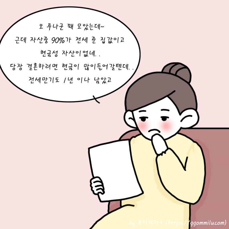 미루가 오 루나군 꽤 모았는데~근데 자산중 90%가 전세 준 집값이고 현금성 자산이없네. . 당장 결혼하려면 현금이 많이들어갈텐데. .전세만기도 1년 이나 남았고 라고 평가함
