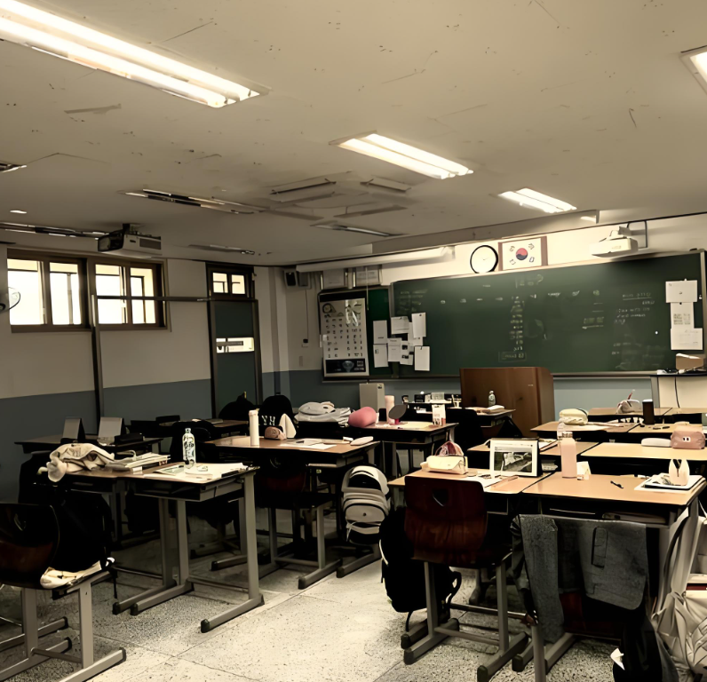 학생들이체육시간이라비어있는고등학교교실