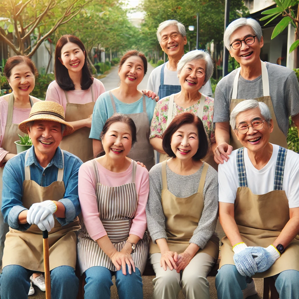 지원 혜택을 받은 어르신들이 행복하고 건강한 모습으로 지역 사회에서 활동하는 이미지