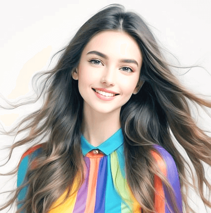 긴 연갈색 머리를 한 백인 여성이 활짝 웃고 있다. 젊은 미녀이며 밝고 건강한 기운을 뿜어낸다.