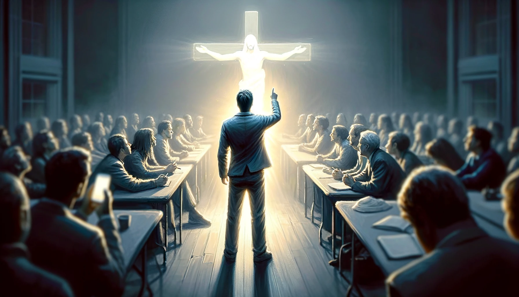 내 관심의 초점이 다른 사람이 아니라 예수님임 - Here is the image depicting a scene where a person's focus of interest is solely on Jesus Christ, and not on others. The individual's stance and expression highlight their devotion and spiritual connection to Christ.