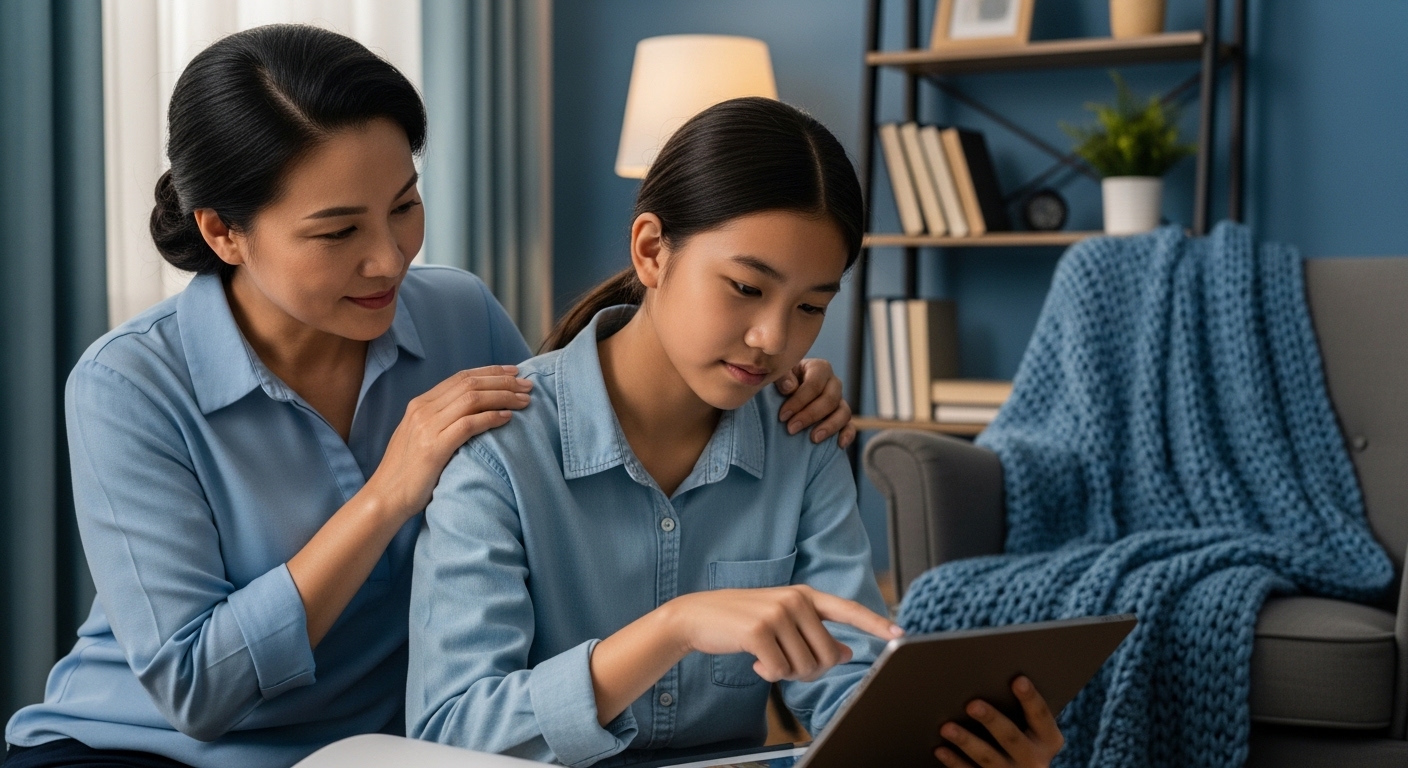 학부모가 아이와 함께 태블릿을 보며 고등학교 선택에 대해 깊은 대화를 나누는 모습