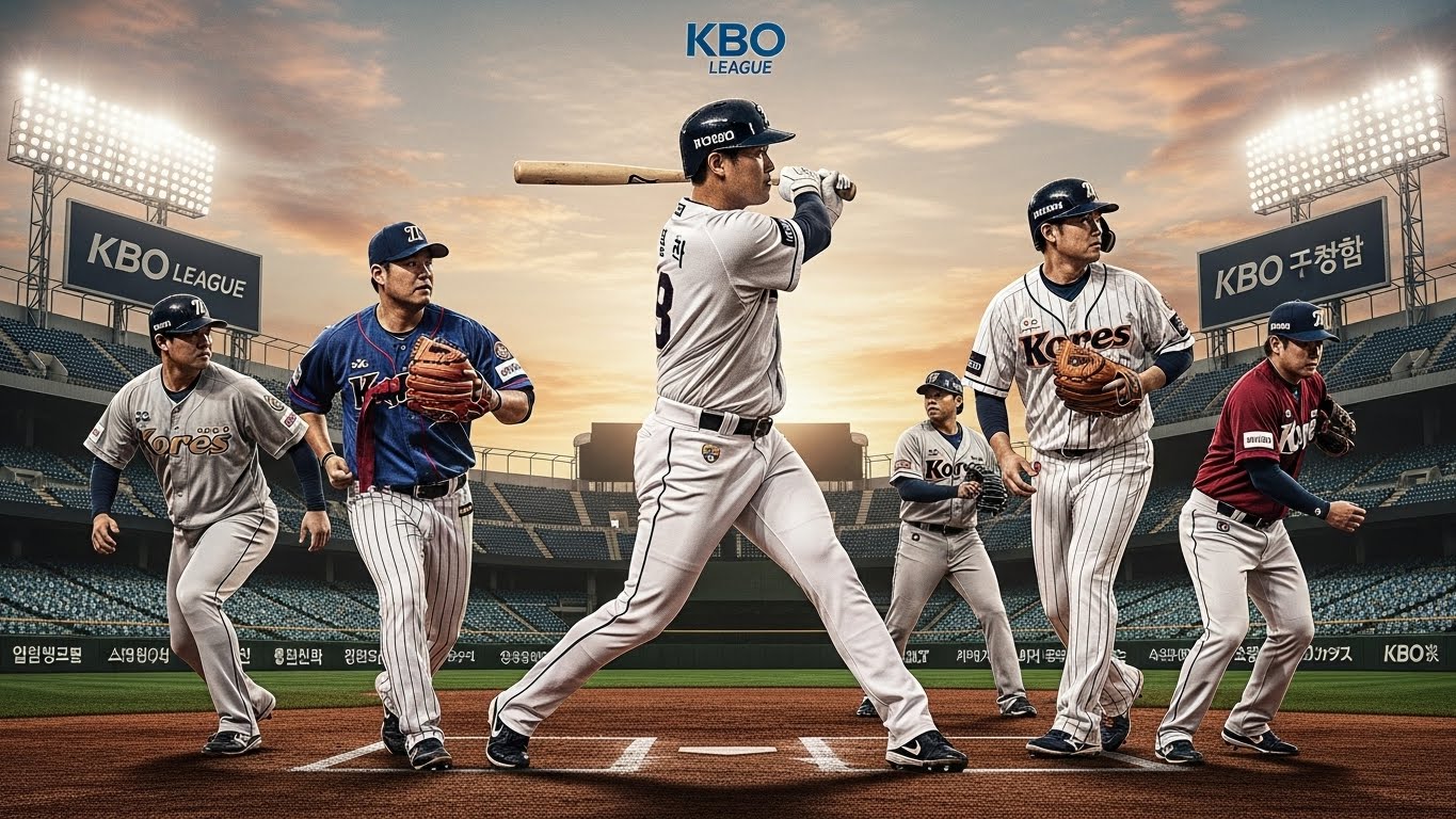 2026 KBO 아시아쿼터 제도 도입을 상징하는 역동적인 야구장 풍경. 다양한 아시아 출신 선수들이 한국 프로야구 유니폼을 입고 활약하는 모습.