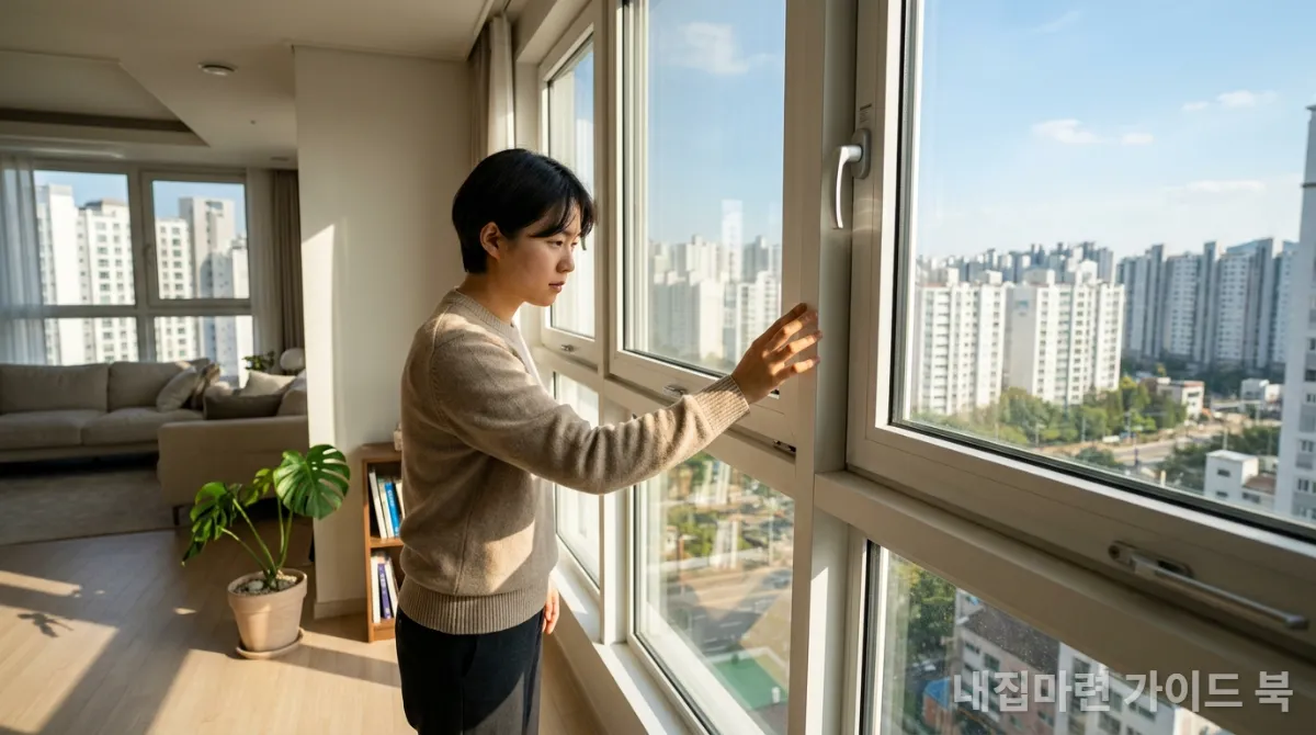 창문을 통해 채광과 소음을 확인하는 한국인