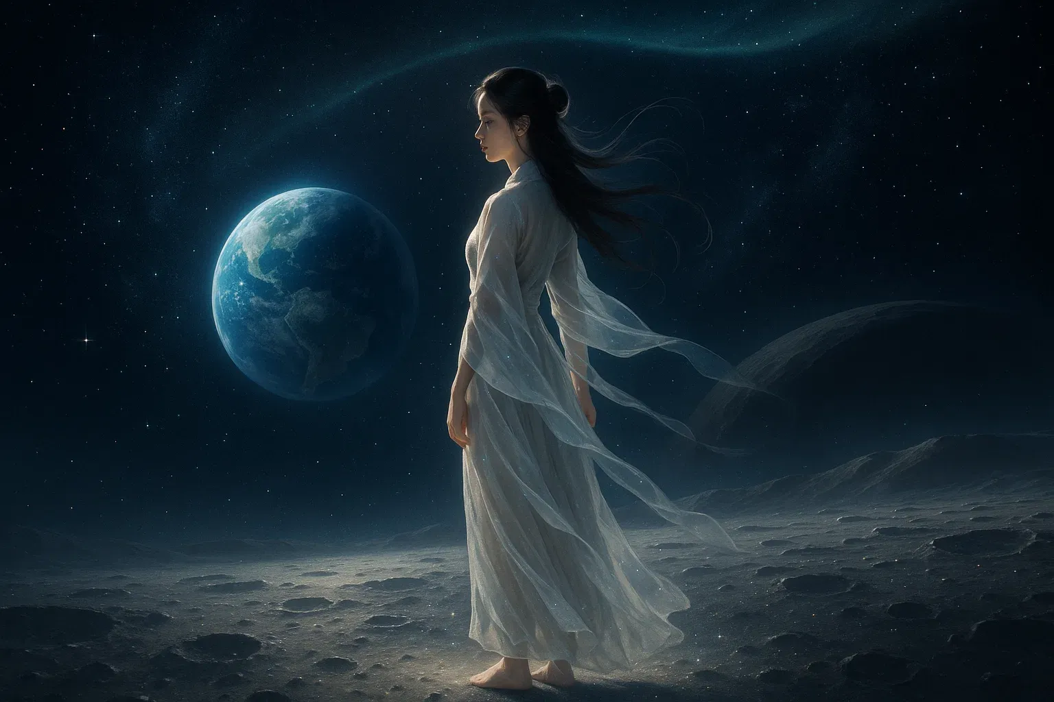 달 위에 홀로 서 있는 항아의 모습을 신비롭고 아름답게 표현한 대표 이미지