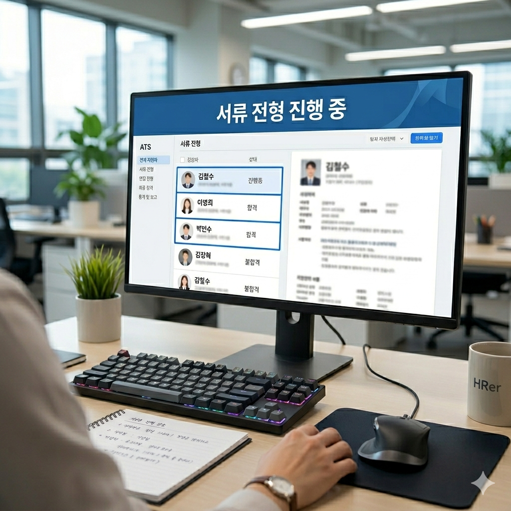 HRer가 ATS 채용 시스템에서 자기소개서 서류 전형을 검토하는 화면
